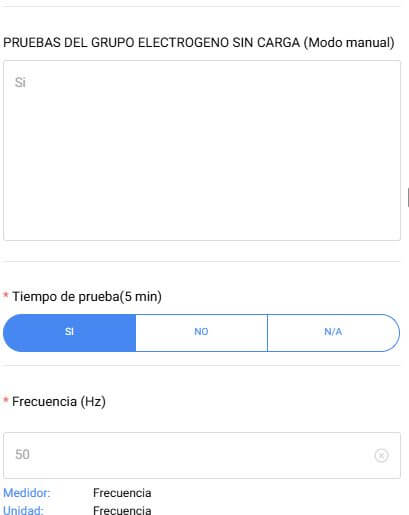 Formulario de prueba de un grupo electrógeno sin carga en modo manual