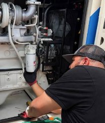 Técnico trabajando en el sistema de refrigeración de un grupo electrógeno